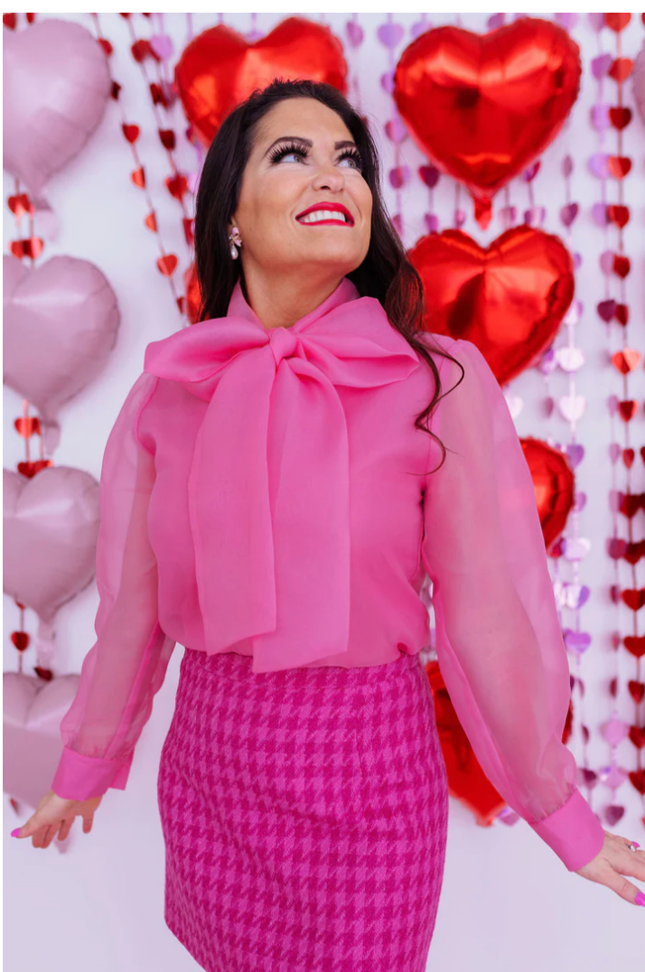 Light Pink Button Down Blouse With Bow- Brianna Cannon