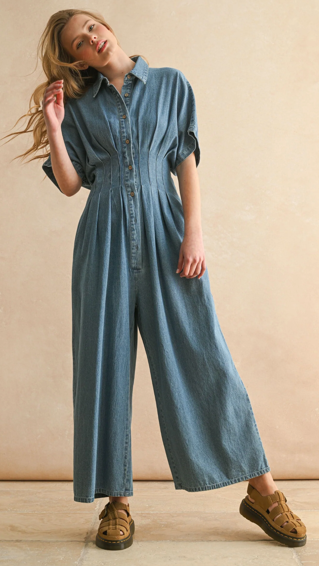 Chambray Denim Button Down Jumpsuit