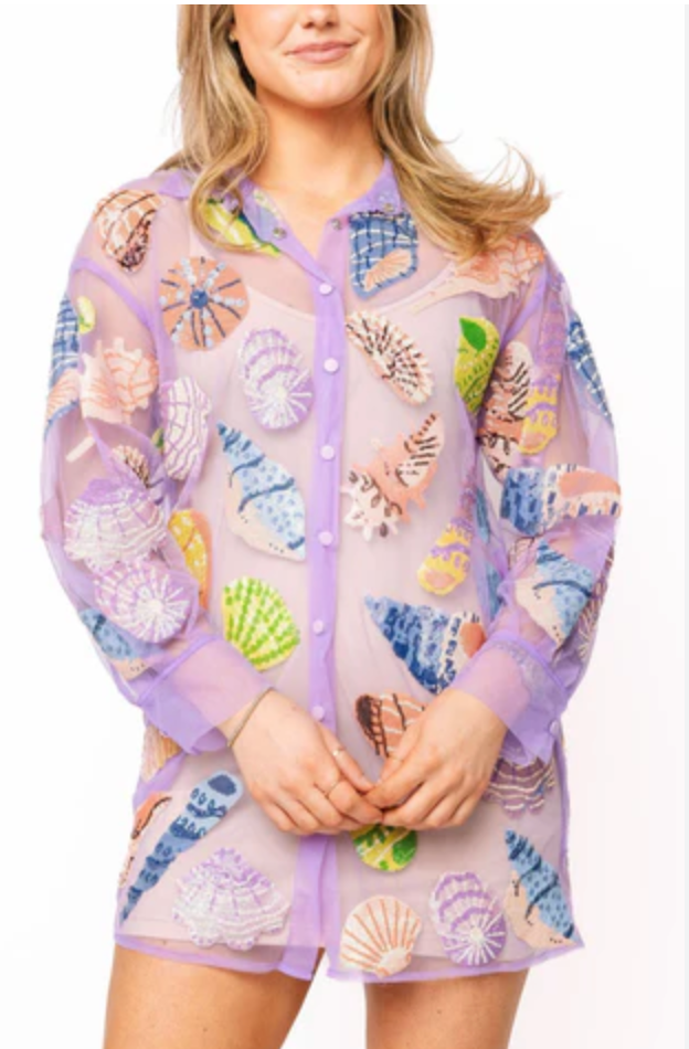 Purple Sheer Multi Seashell Button Up Cover Up - queen of sparkles
