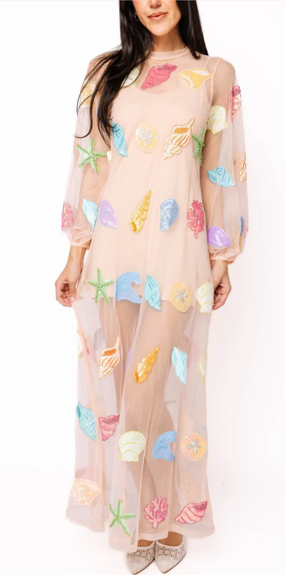 Sheer Beige Shell Long Sleeve Midi Coverup Dress- queen of sparkles