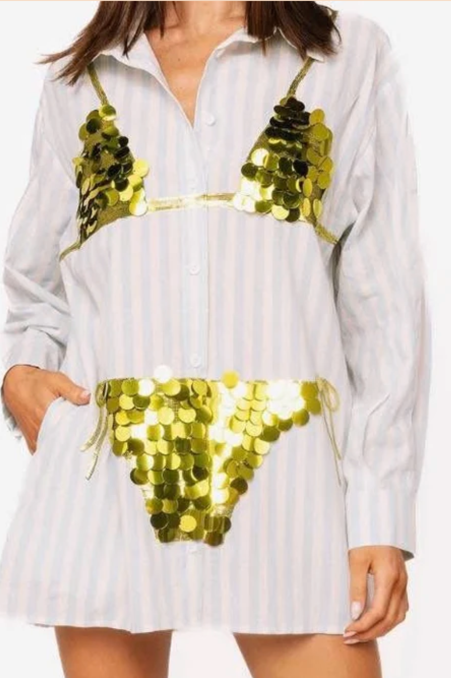 Blue & White Stripe Cotton Button Up With Gold Bikini Tunic- queen of sparkles