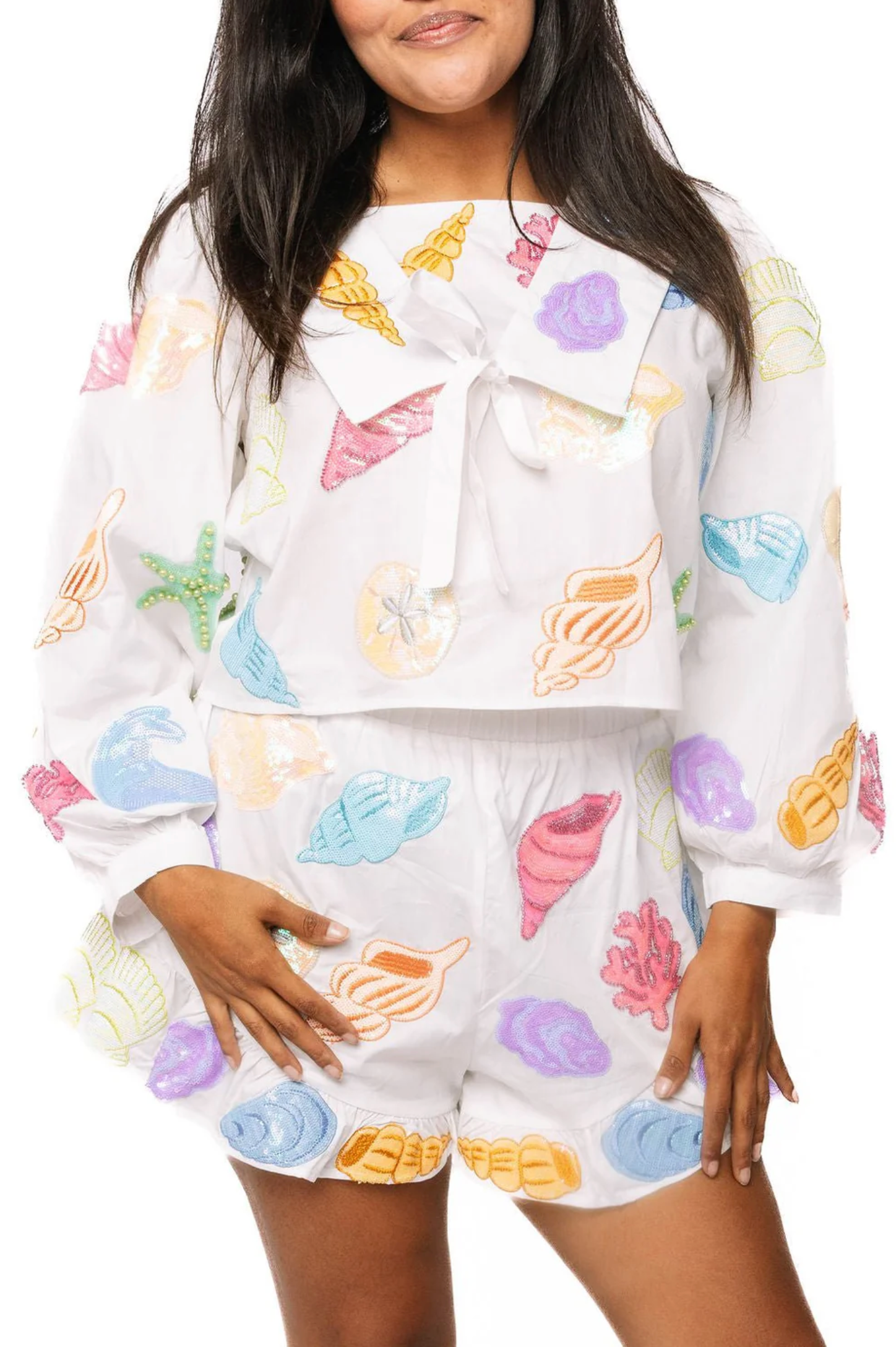 White Multi Shell Collar Cotton Long Sleeve Top- queen of sparkles
