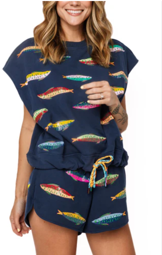 Navy Multi Fish Tie Tank - queen of sparkles