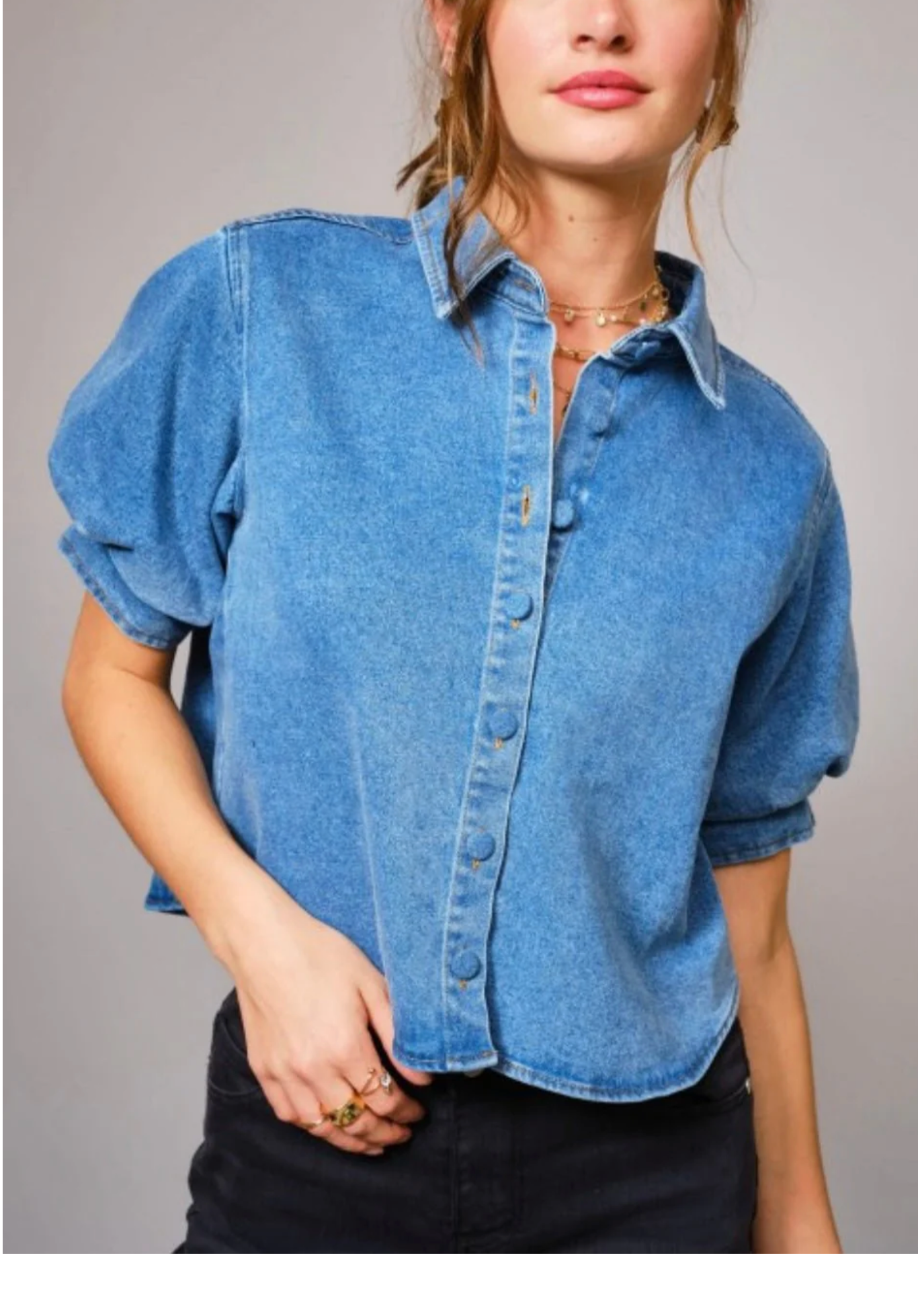 Denim Button Puff Top