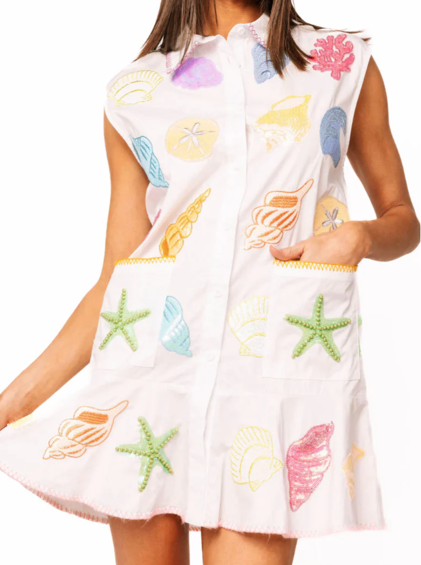 White Multi Shell Cotton Button Up Tank Dress - Queen Of Sparkles