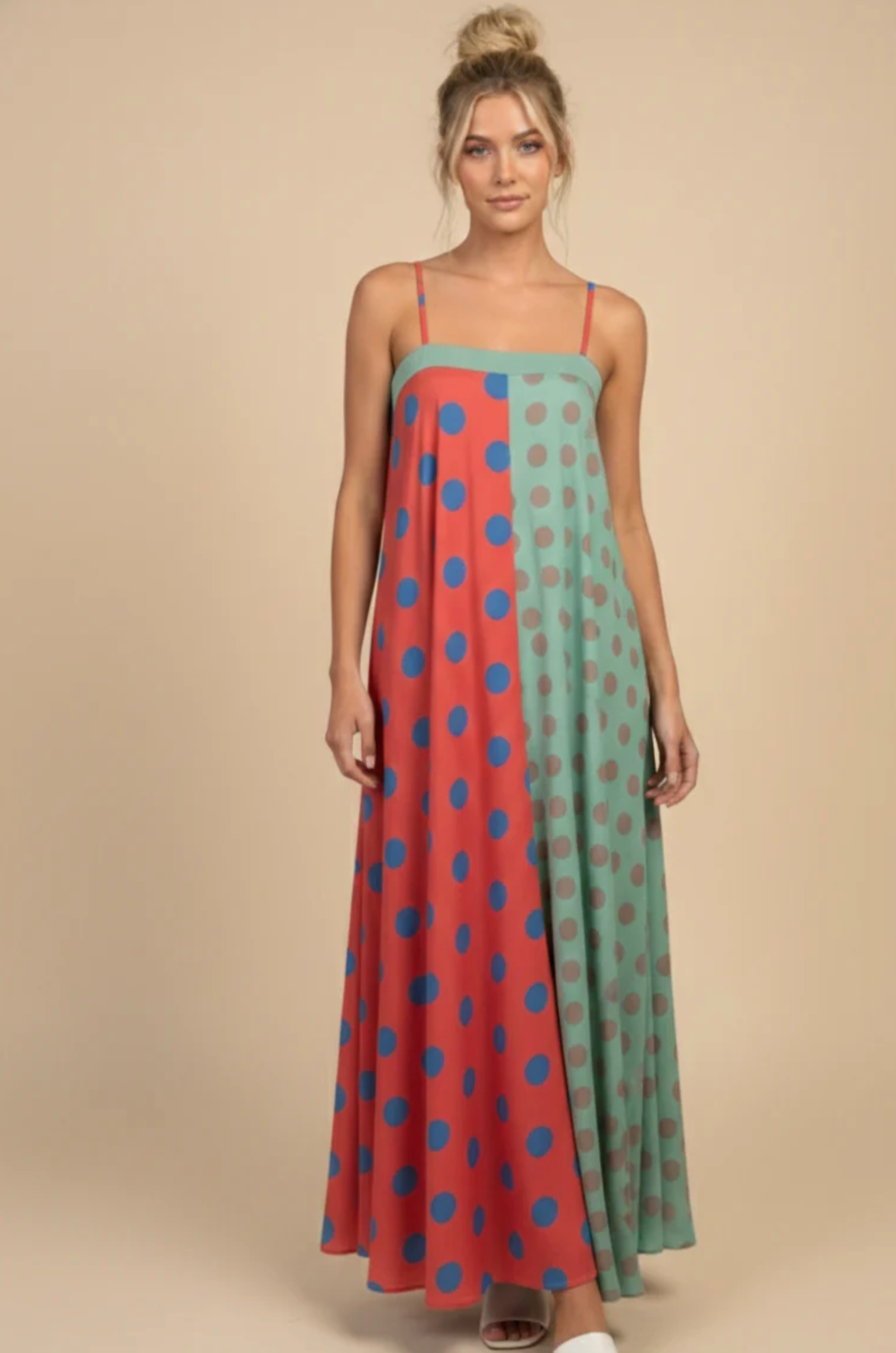 Polka Dot Pattern Colorblock Maxi Tube Dress