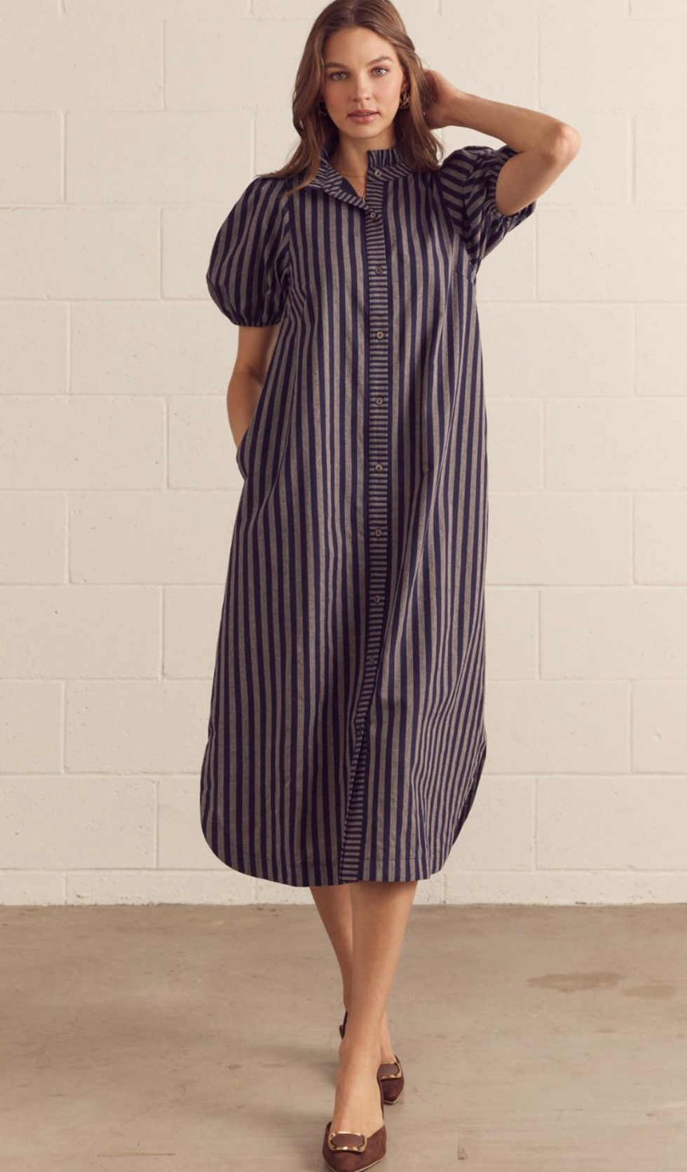 Lenae Navy Striped Midi