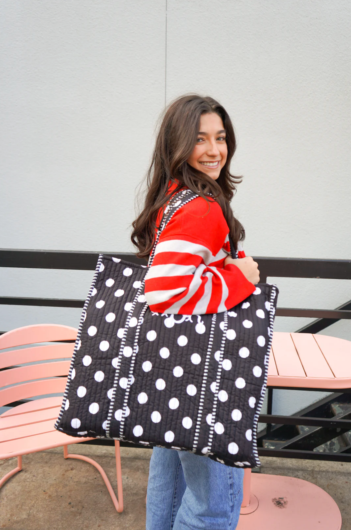 Quilted Block-Print Tote - Black Polka Dot
