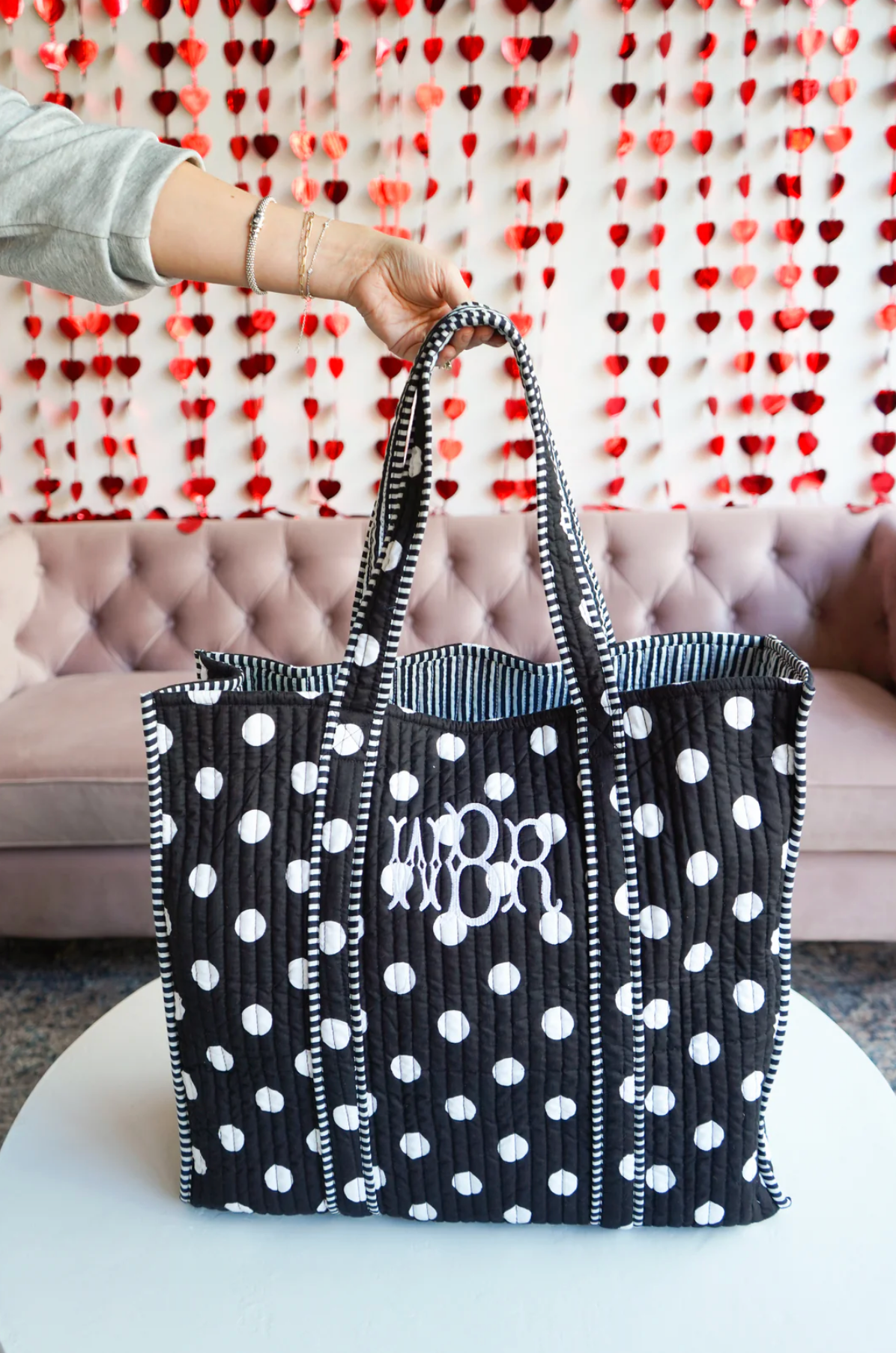 Quilted Block-Print Tote - Black Polka Dot