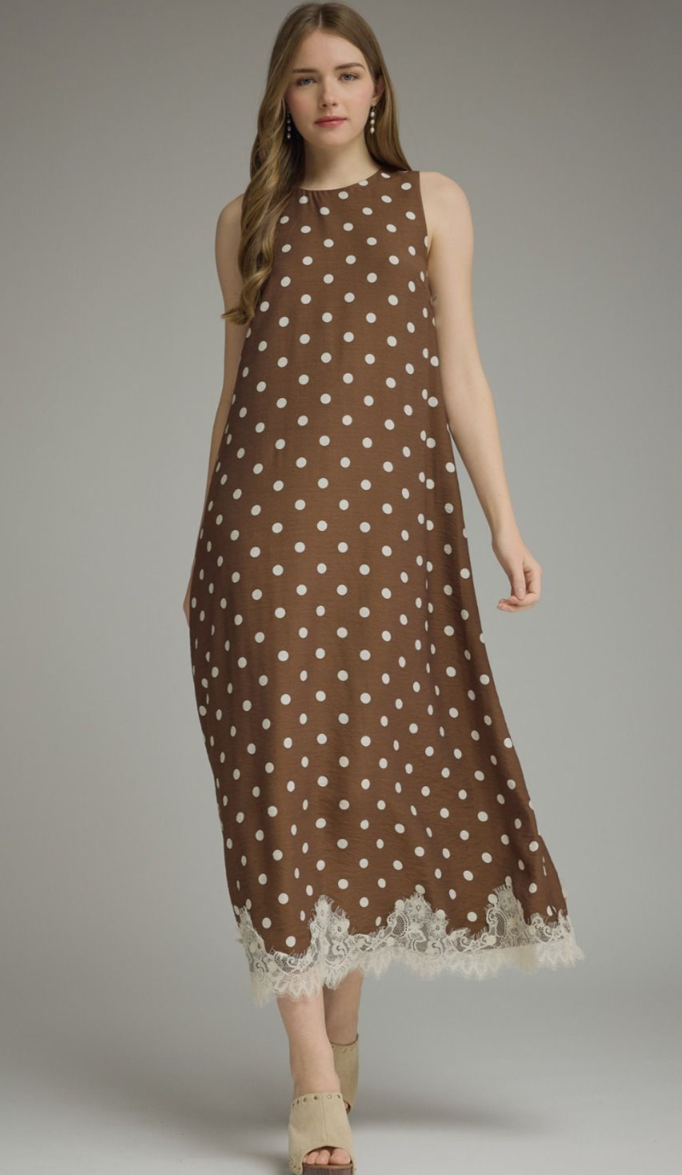 Brown and White Polka Dot Lace Trimmed Dress