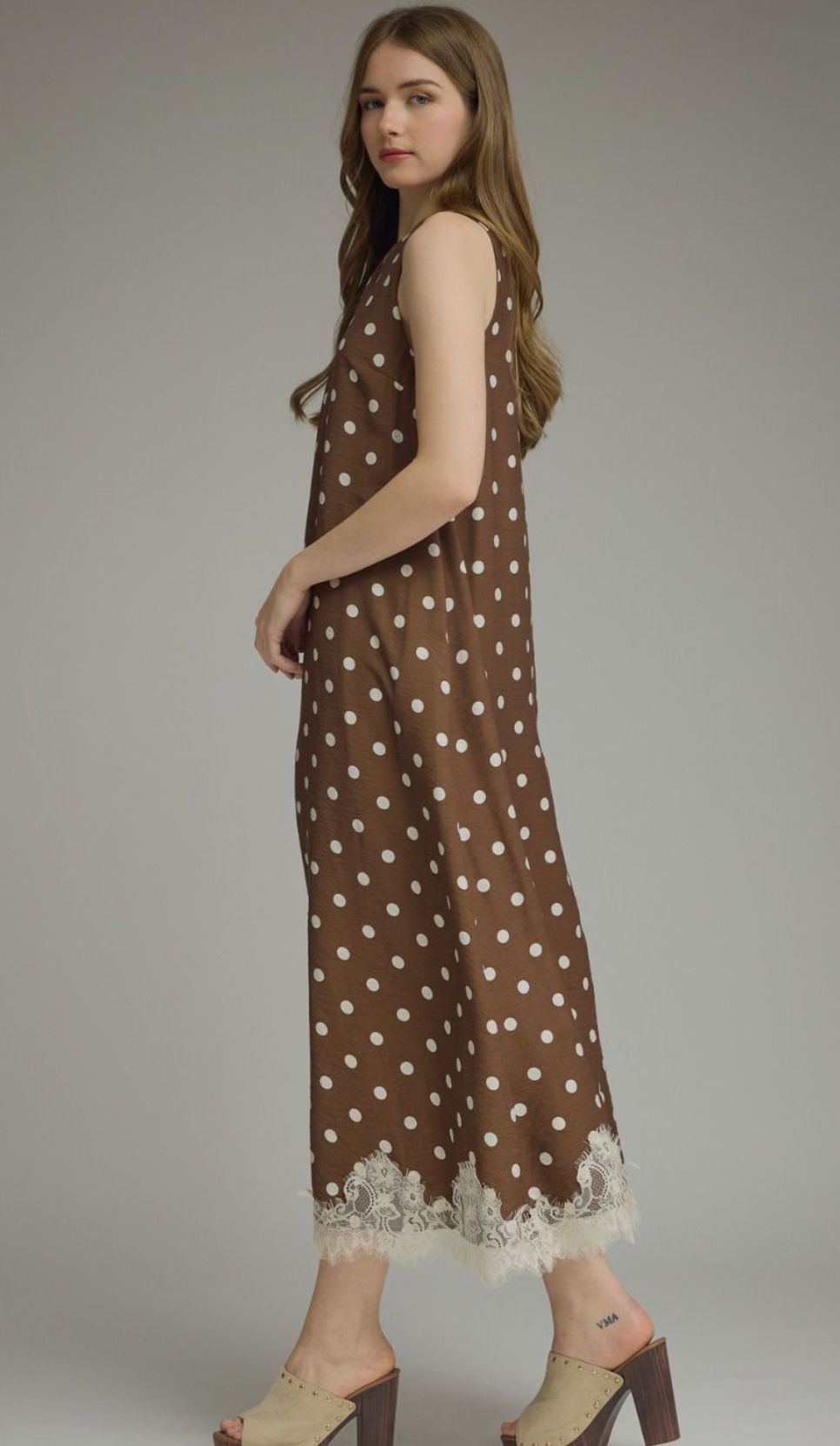 Brown and White Polka Dot Lace Trimmed Dress