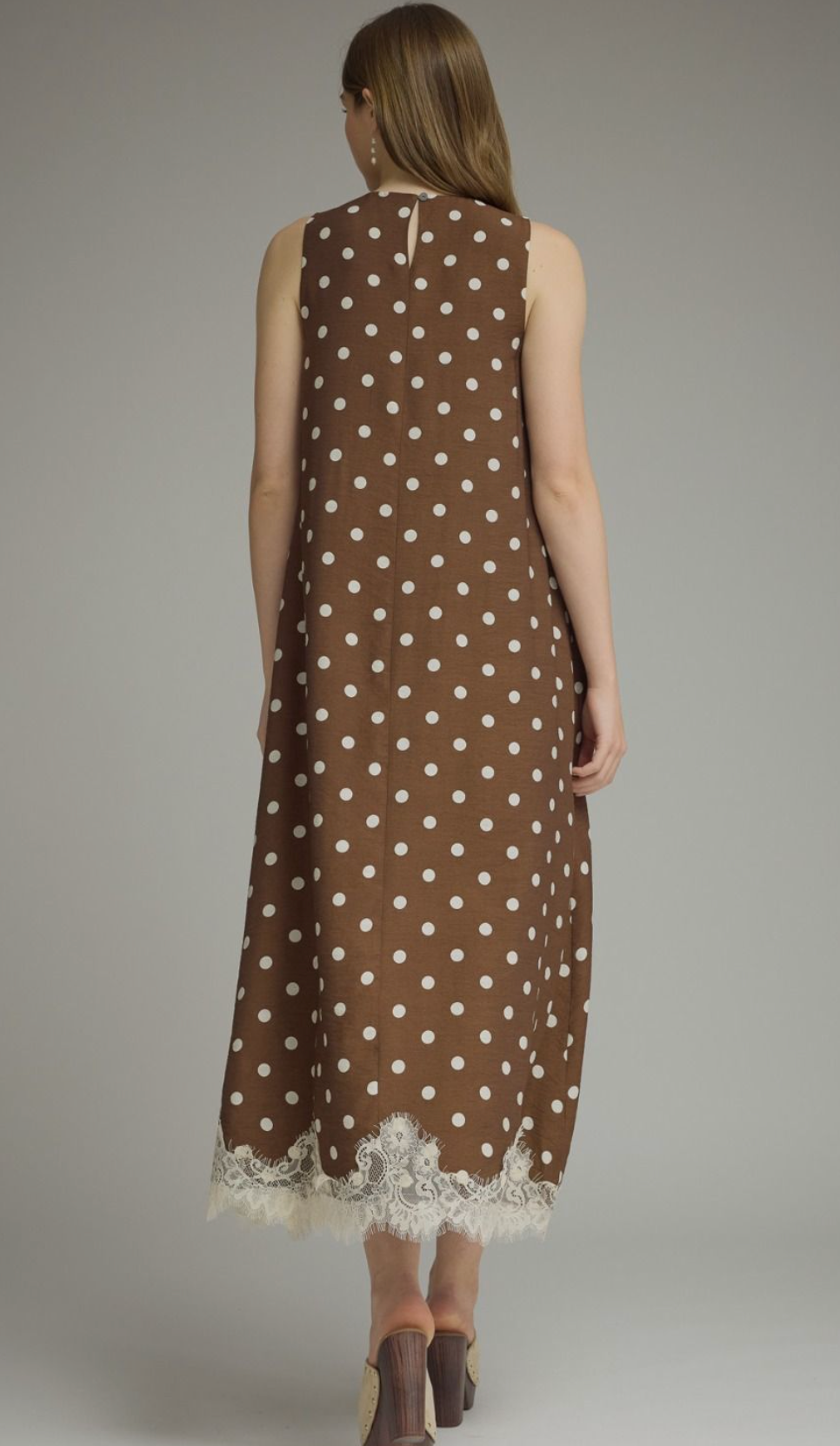 Brown and White Polka Dot Lace Trimmed Dress