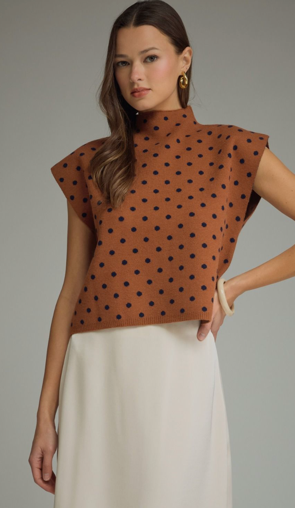 Brown and Navy Polka Dot Mock Neck Tank