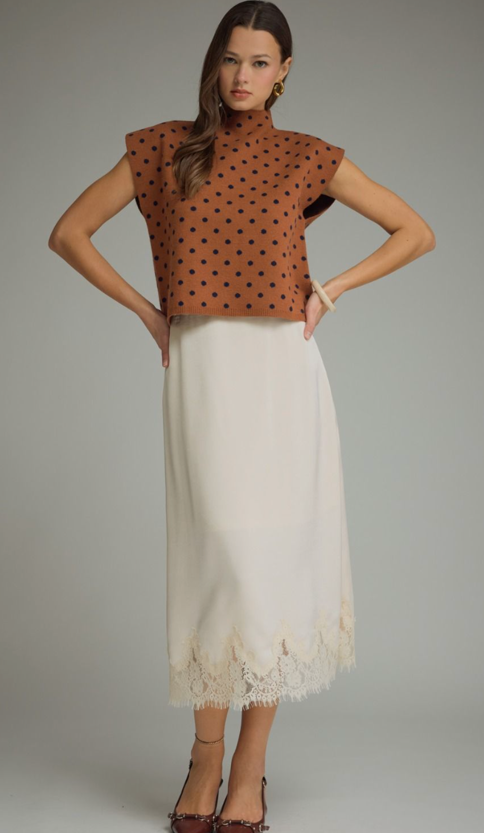 Brown and Navy Polka Dot Mock Neck Tank