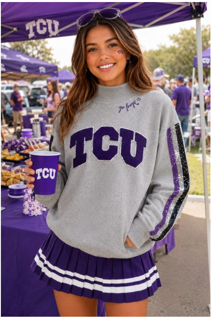 TCU Mock Neck Sequin Stripe Sweatshirt