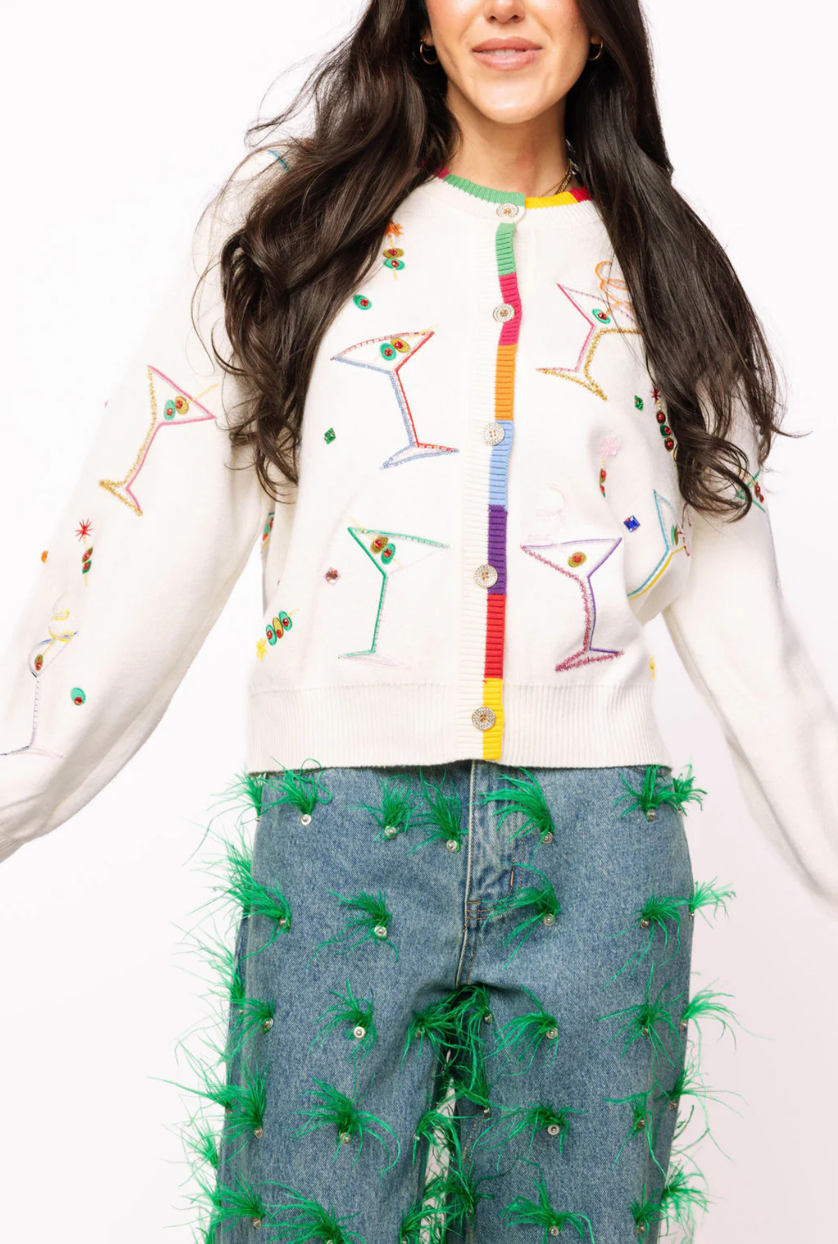 White Multi Cosmo & Martini Button Up Cardigan With Rainbow Trim - Queen Of Sparkles
