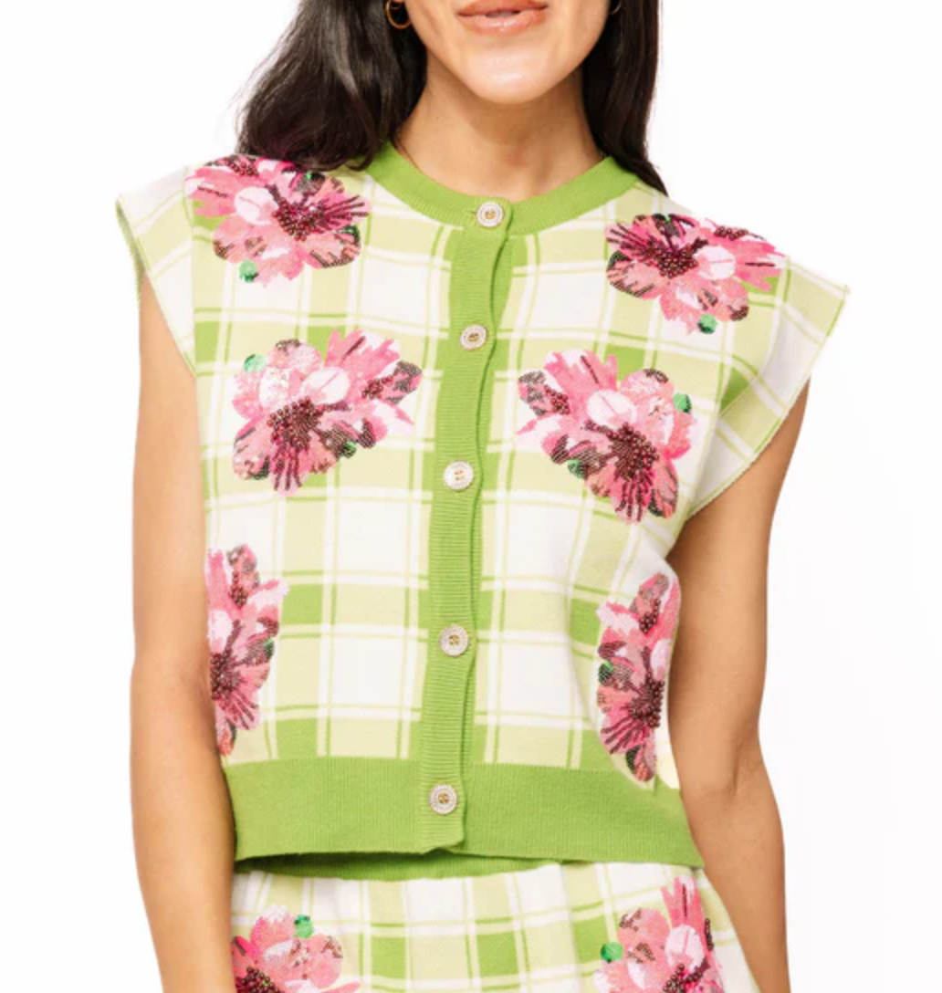Green Plaid Azalea Button Up Tank Sweater - Queen Of Sparkles