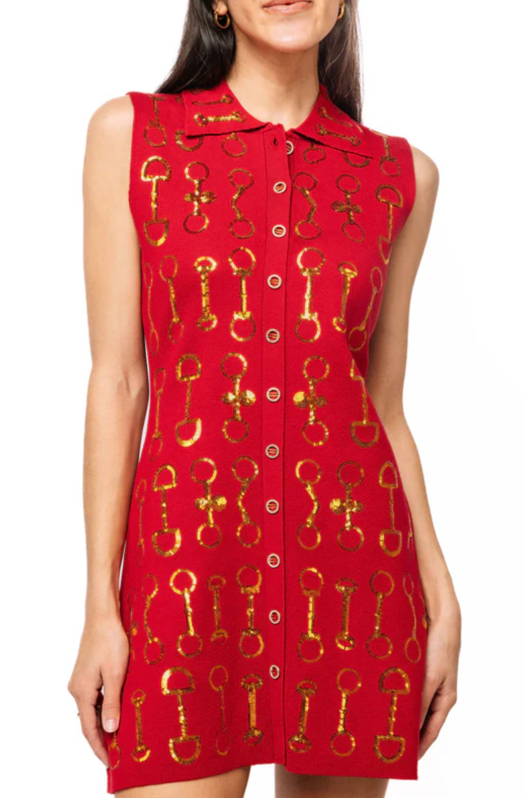 Red & Gold Horse Bit Knit Sleeveless Collar Dress - Queen Of Sparkle