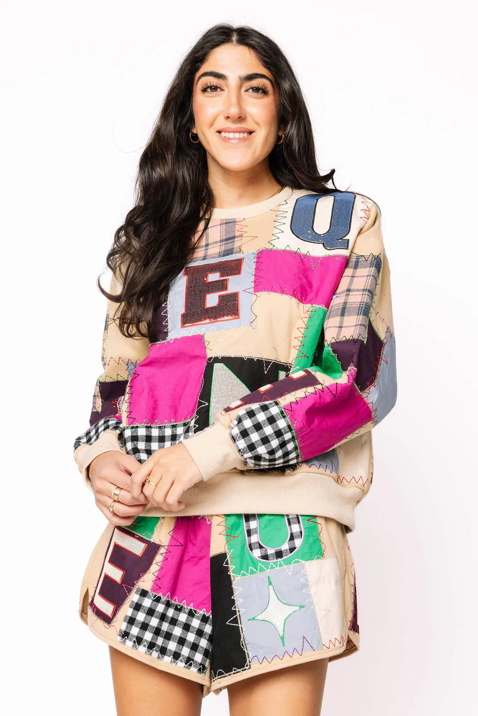 Beige Multi Queen Patchwork Sweatshirt - Queen Of Sparkles