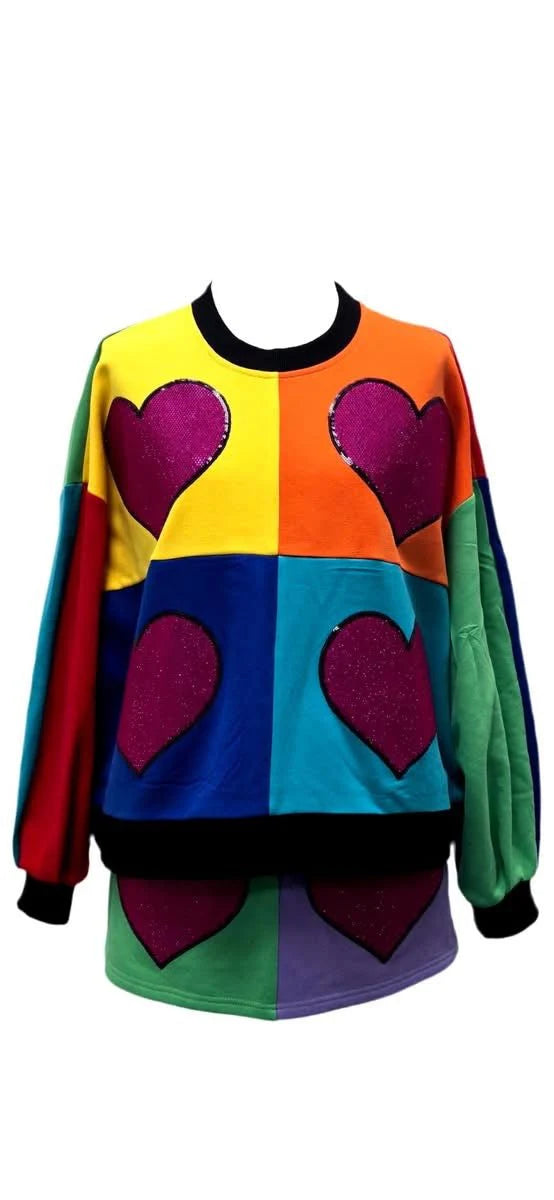 Rainbow Colorblock Rhinestone Heart Sweatshirt